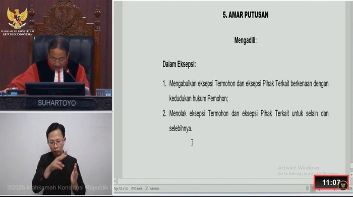 Tangkapan layar sidang putusan dismissal terkait sengketa Pilkada Takalar yang bergulir di MK.