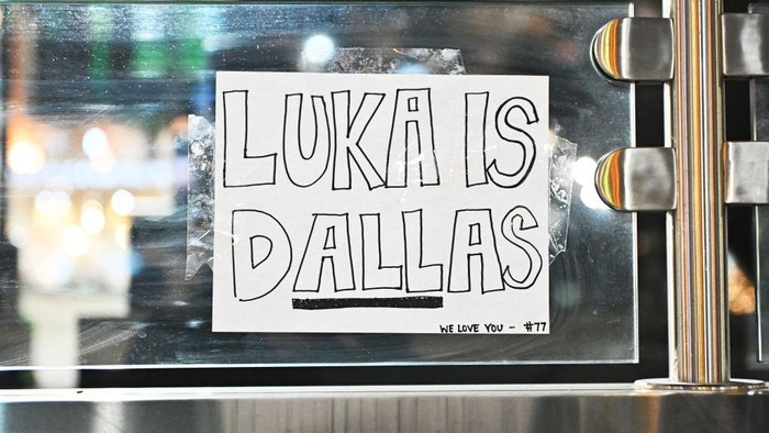 DALLAS, TX - FEBRUARY 03: A poster about Dallas Mavericks guard Luka Doncic is on display outside of American Airlines Center on Monday, February 3, 2025 in Dallas, TX. Fans left posters and items to protest the trade of Mavericks guard Luka Doncic to the Los Angeles Lakers. (Photo by Austin McAfee/Icon Sportswire via Getty Images)