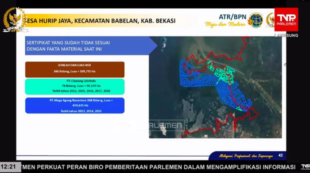 Data Pagar Laut di Bekasi yang berlokasi di pesisir laut Desa Hurip Jaya, Kecamatan Babelan, Kabupaten Bekasi, Jawa Barat. (Tangkapan Layar Youtube DPR RI)
