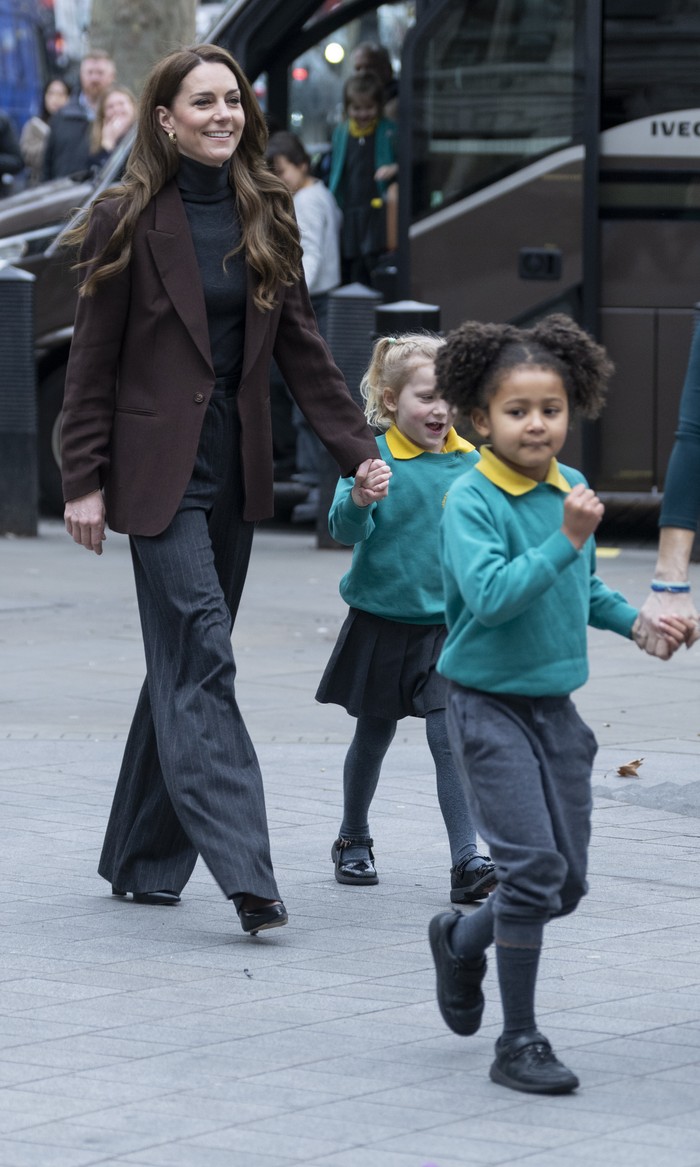 Britains Kate, the Princess of Wales joins a group of four and five-year-old school children at the National Portrait Gallery as she launched a new project from The Royal Foundation Centre for Early Childhood aimed at supporting young children in the development of crucial social and emotional skills, in London, Tuesday Feb. 4, 2025. (Arthur Edwards/Pool Photo via AP)