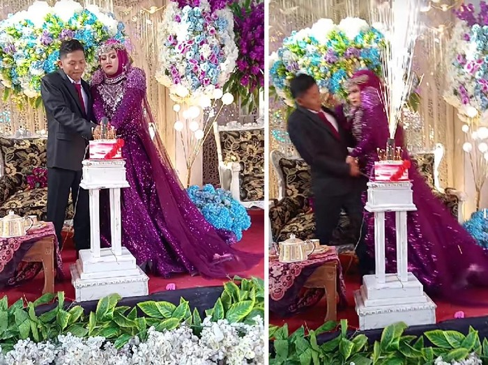 Momen pengantin mendadak kabur ketika menyalakan kembang api yang dihiasi kue pernikahan. Video tersebut sontak viral di TikTok.