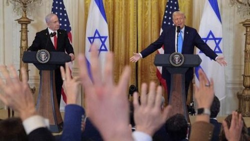 US President Donald Trump (R) and Israels Prime Minister Benjamin Netanyahu hold a press conference in the East Room of the White House in Washington, DC, on February 4, 2025. (Photo by Jim WATSON / AFP)