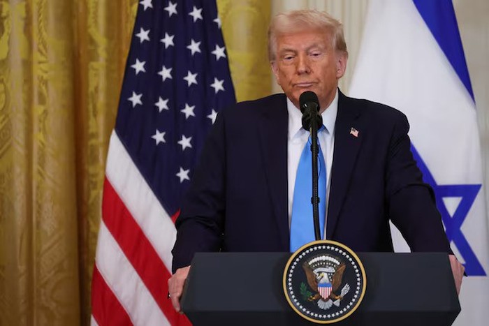 U.S. President Donald Trump looks on as he holds a joint press conference with Israeli Prime Minister Benjamin Netanyahu in the East Room at the White House in Washington, U.S., February 4, 2025. REUTERS/Leah Millis Purchase Licensing Rights