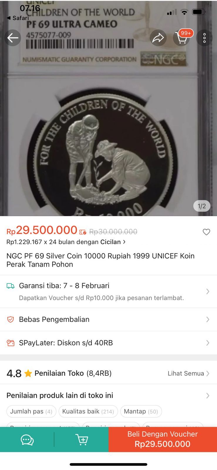 uang koin NGC PF 69 Silver 10000 Rupiah 1999 UNICEF koin Perak, Tanam Pohon. (Dok. E-commerce)