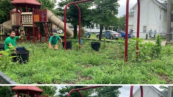 Tamannya penuh rumput liar. Dibersihkan dan jadinya senyaman ini untuk anak-anak bermain. Foto: Dontbeagamer via Bored Panda