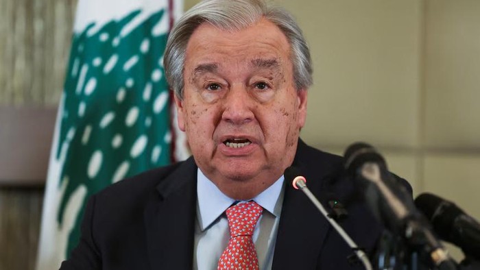 Sekretaris Jenderal Perserikatan Bangsa-Bangsa Antonio Guterres menghadiri konferensi pers di Hotel Movenpick, di Beirut, Lebanon, 18 Januari 2025. (Reuters: Mohamed Azakir)