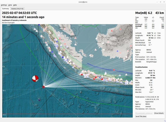 Gempa bumi dengan magnitudo (M) 6,2 terjadi di Samudera Hindia. Gempa tersebut tidak berpotensi memicu tsunami di wilayah Indonesia. (dok BMKG)