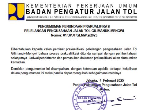 Surat pengumumuman penundaan Prakualifikasi Pelelangan Pengusahaan Jalan Tol Gilimanuk-Mengwi. (Dok. BPJT.PU)