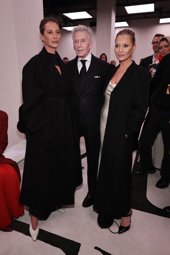 NEW YORK, NEW YORK - FEBRUARY 07: (L-R) Christy Turlington, Calvin Klein, and Kate Moss attend the Calvin Klein Collection fashion show during February 2025 New York Fashion Week on February 07, 2025 in New York City. (Photo by Jamie McCarthy/Getty Images)