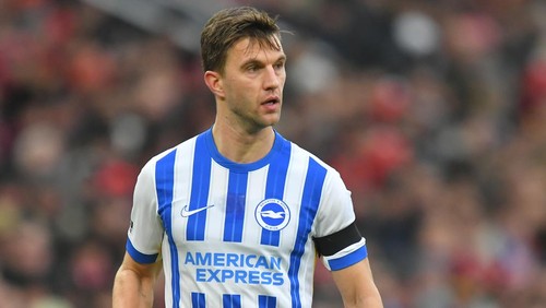 MANCHESTER, ENGLAND - JANUARY 19:  Brighton & Hove Albions Joel Veltman during the Premier League match between Manchester United FC and Brighton & Hove Albion FC at Old Trafford on January 19, 2025 in Manchester, England. (Photo by Dave Howarth - CameraSport via Getty Images)