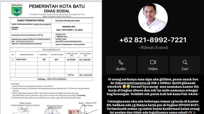 Kiriman Instagram pengusaha kue yang nyaris jadi korban penipuan mengatasnamakan Dinsos Kota Batu.