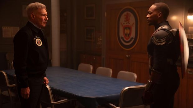 (L-R): Harrison Ford as President Thaddeus Ross and Anthony Mackie as Sam Wilson/Captain America in Marvel Studios' CAPTAIN AMERICA: BRAVE NEW WORLD. Photo by Eli Adé. © 2024 MARVEL.