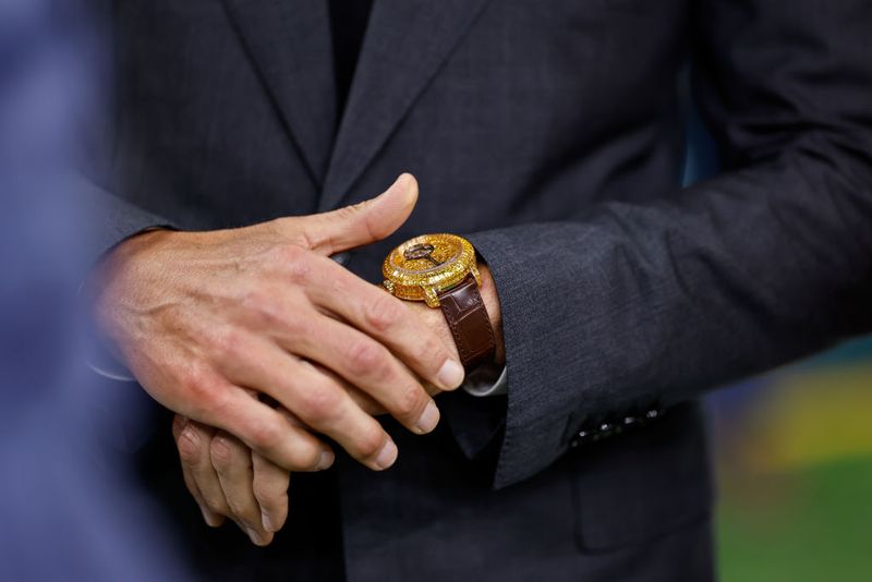 NEW ORLEANS, LOUISIANA - FEBRUARY 9: A detail view of retired football player and Fox Sports analyst Tom Brady's watch is shown prior to Super Bowl LIX between the Kansas City Chiefs and the Philadelphia Eagles at Caesars Superdome on February 09, 2025 in New Orleans, Louisiana. (Photo by Michael Owens/Getty Images)