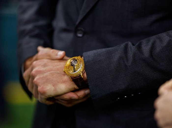 NEW ORLEANS, LOUISIANA - FEBRUARY 9: A detail view of retired football player and Fox Sports analyst Tom Bradys watch is shown prior to Super Bowl LIX between the Kansas City Chiefs and the Philadelphia Eagles at Caesars Superdome on February 09, 2025 in New Orleans, Louisiana. (Photo by Michael Owens/Getty Images)