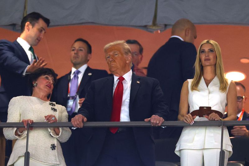 NEW ORLEANS, LOUISIANA - FEBRUARY 09: (L-R) New Orleans Saints owner Gayle Benson, U.S. President Donald Trump, and Ivanka Trump look on during Super Bowl LIX at Caesars Superdome on February 09, 2025 in New Orleans, Louisiana. (Photo by Gregory Shamus/Getty Images)