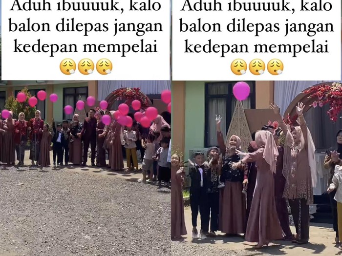 Momen pengantin yang melepaskan balon ke udara gagal estetis karena ada yang menutupi pengantin.