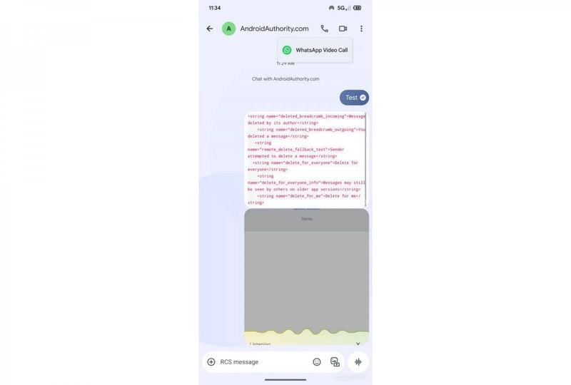 Tampilan petunjuk fitur panggilan video WhatsApp di Google Messages.