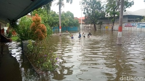 Genangan air di halaman SDN 45 Ampenan, di Jalan Dr Sudjono Lingkar Selatan, Sekarbela, Kota Mataram, Selasa (11/2/2025). (Foto: Nathea Citra/detikBali)