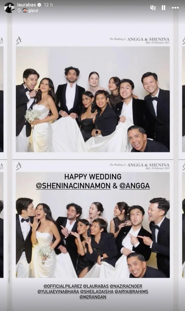 Dari foto-foto yang dibagikan terlihat di acara resepsi pernikahannya Shenina mengenakan tube gown putih polos berbuntut. Penampilan Shenina tampak simpel dengan rambut yang dibiarkan terurai. Sementara Angga tampil dengan jas hitam dipadukan kemeja dan celana putih serta dasi kupu-kupu. Foto: Instagram