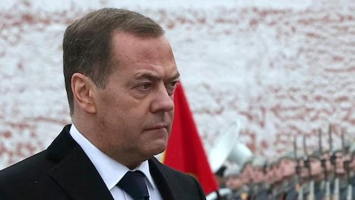 Russias Deputy head of the Security Council Dmitry Medvedev takes part in a wreath laying ceremony marking Defender of the Fatherland Day at the Tomb of the Unknown Soldier by the Kremlin Wall in Moscow, Russia, February 23, 2024. Sputnik/Yekaterina Shtukina/Pool via REUTERS/ File Photo Purchase Licensing Rights