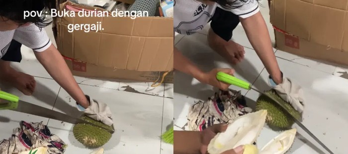 Kocak! Pria Ini Belah Buah Durian Pakai Gergaji Besar