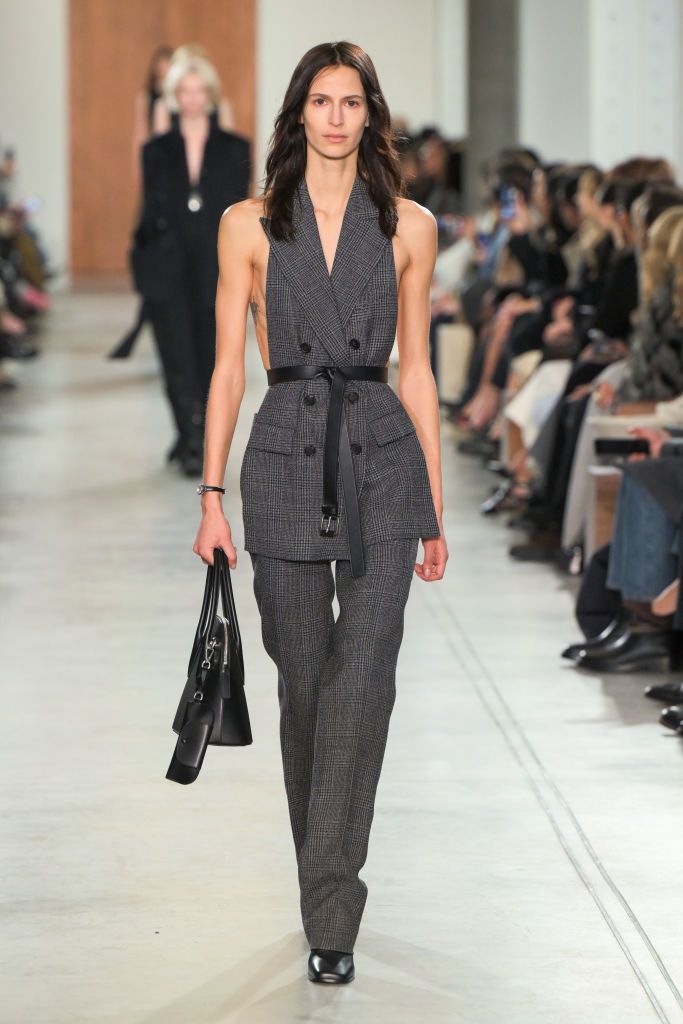 Model on the runway at the Michael Kors Fall RTW 2025 fashion show as part of New York Fashion Week held at the Terminal Warehouse on February 11, 2025 in New York, New York. (Photo by Giovanni Giannoni/WWD via Getty Images)