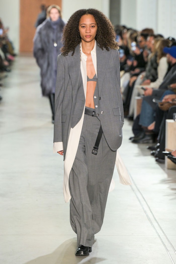 Model on the runway at the Michael Kors Fall RTW 2025 fashion show as part of New York Fashion Week held at the Terminal Warehouse on February 11, 2025 in New York, New York. (Photo by Giovanni Giannoni/WWD via Getty Images)