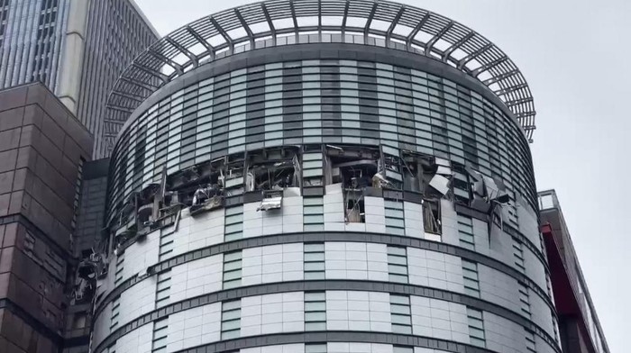 In this drone photo taken and released by National Fire Agency, the damaged facade is seen in the aftermath of an explosion at the Shin Kong Mitsukoshi department store in Taichung city in Taiwan on Thursday, Feb. 13, 2025. (National Fire Agency via AP)