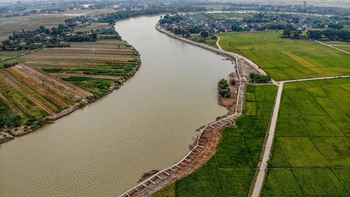 Kondisi tanggul sungai Bengawan Solo yang ambruk di Baureno, Bojonegoro, Jawa Timur, Kamis (13/2/2025). Proyek tanggul senilai Rp40 miliar yang berusia sekitar 2 bulan itu berfungsi sebagai penahan tepi sungai Bengawan Solo dan kini kondisinya rusak. ANTARA FOTO/Muhammad Mada/Spt.