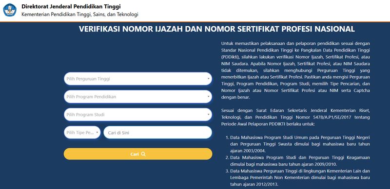 Situs PISN Dikti untuk cek keaslian ijazah atau verifikasi nomor ijazah perguruan tinggi secara online