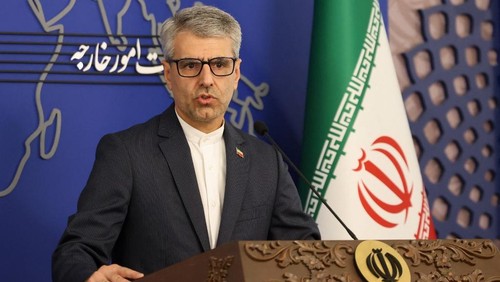 Irans foreign ministry spokesman Esmaeil Baghaei holds a weekly press conference in Tehran on October 28, 2024. Israel on October 26 launched air strikes on military sites in Iran, risking further regional escalation more than a year into the Gaza war and a month into the Israel-Hezbollah war in Lebanon. The Israeli raid was in retaliation to an Iranian missile attack on October 1, itself retaliation for the killing of Iran-backed militant leaders and a Revolutionary Guards commander. (Photo by ATTA KENARE / AFP)