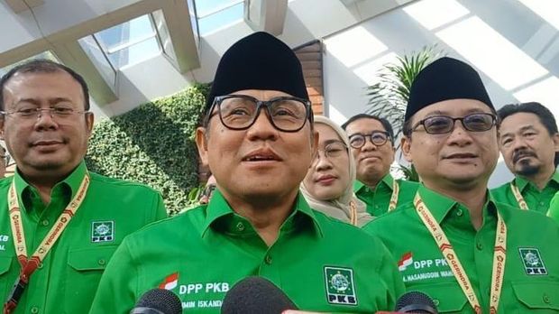 Ketum PKB Muhaimin Iskandar atau Cak Imin di HUT Partai Gerindra, Sentul, Bogor, Jawa Barat (Jabar), Sabtu (15/2/2025).