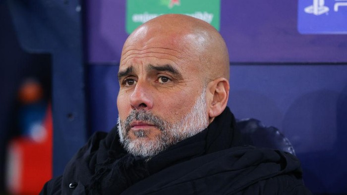 MANCHESTER, ENGLAND - FEBRUARY 11: Josep Pep Guardiola, manager of Manchester City,  during the UEFA Champions League 2024/25 League Knockout Play-off first leg match between Manchester City and Real Madrid C.F. at Manchester City Stadium on February 11, 2025 in Manchester, England. (Photo by James Gill - Danehouse/Getty Images)