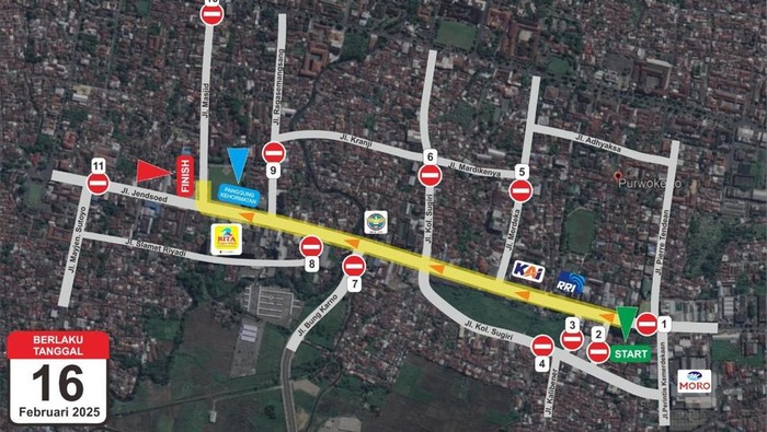Peta penutupan jalan saat Kirab HUT Banyumas, Minggu (16/2/2025).
