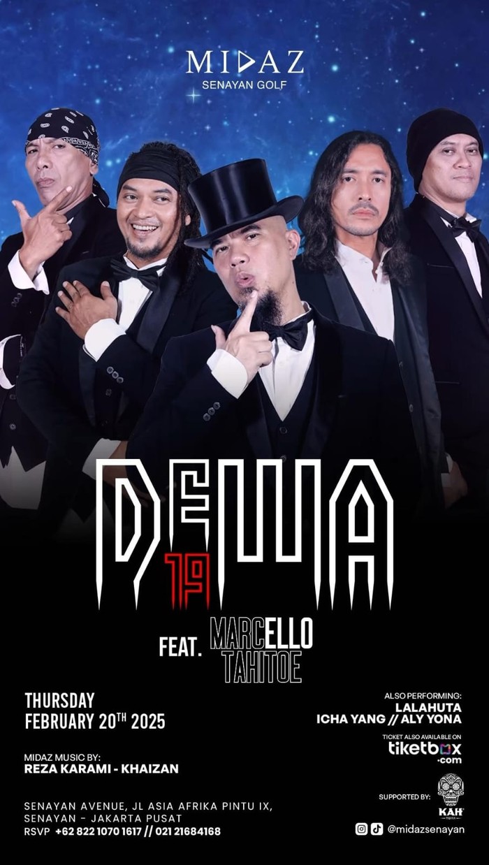 Dewa 19 Dewa 19 akan tampil di Midaz Senayan Golf pada 20 Februari 2025, merayakan ulang tahun Ello dan membawakan lagu baru.