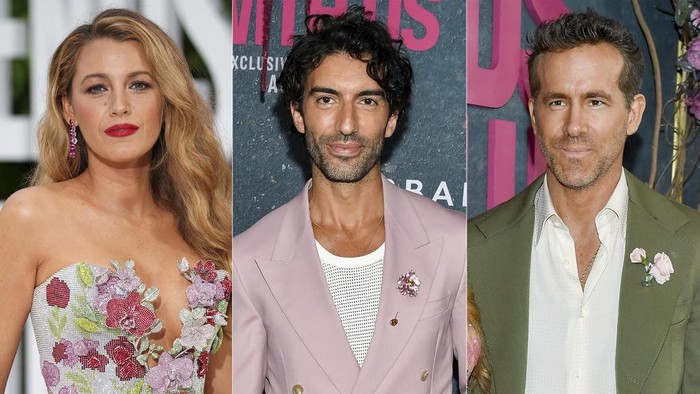 This combination of images shows Blake Lively at the London screening of the film 