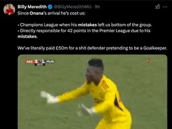 Onana akhirnya menjadi bahan rundungan lagi di media sosial. Banyak yang menyalahkan blundernya sehingga membuat Tottenham dapat gol. (Foto: X.com/BillyMeredithMU)