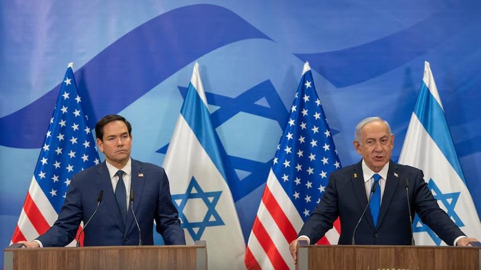 U.S. Secretary of State Marco Rubio and Israeli Prime Minister Benjamin Netanyahu attend a press conference at the Prime Ministers office in Jerusalem, February 16, 2025. Ohad Zwigenberg/Pool via REUTERS Purchase Licensing Rights