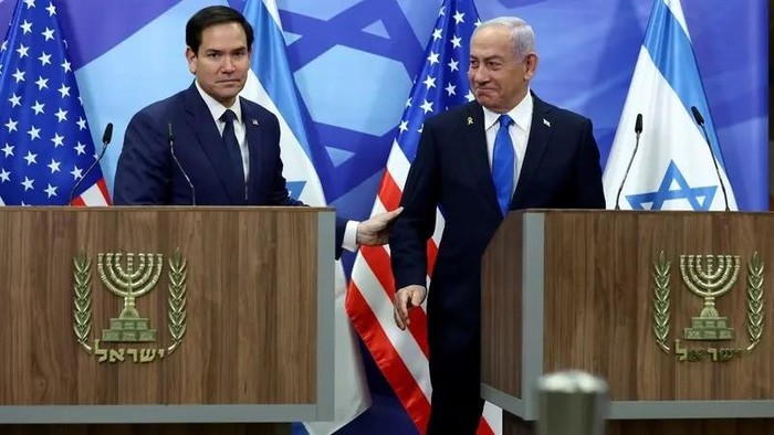 US Secretary of State Marco Rubio and Israeli Prime Minister Benjamin Netanyahu make joint statements to the press at the Prime Ministers office in Jerusalem, February 16, 2025. (Reuters)