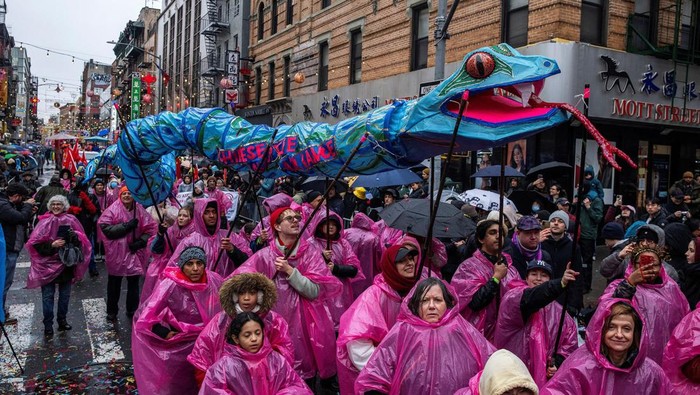 Revelers attend the Lunar New Year parade, celebrating the Year of the Snake, in the Chinatown neighborhood of New York City, U.S., February 16, 2025. REUTERS/Eduardo Munoz