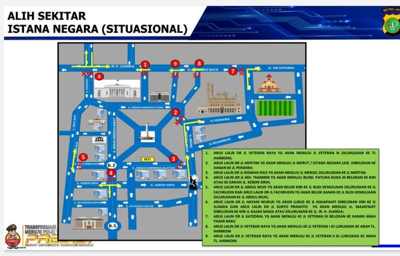 Alih lalu lintas sekitar Istana Negara, 20 Februari 2025. (Dok Ditlantas Polda Metro Jaya)