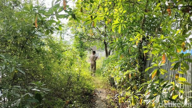 Beberapa pekerja dan petugas sedang di area sekitar kolam penampungan di area pengeboran Pertamina EP Sukowati Bojonegoro.