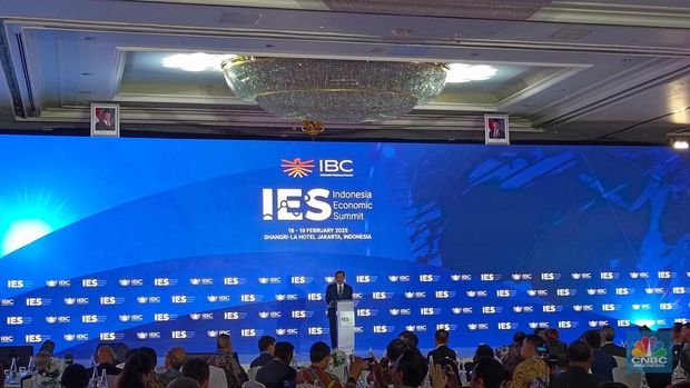 Ketua Dewan Ekonomi Nasional (DEN) Luhut Binsar Pandjaitan di acara Indonesia Economic Summit, di Jakarta, Selasa (18/2/2025). (CNBC Indonesia/Martyasari Rizky)