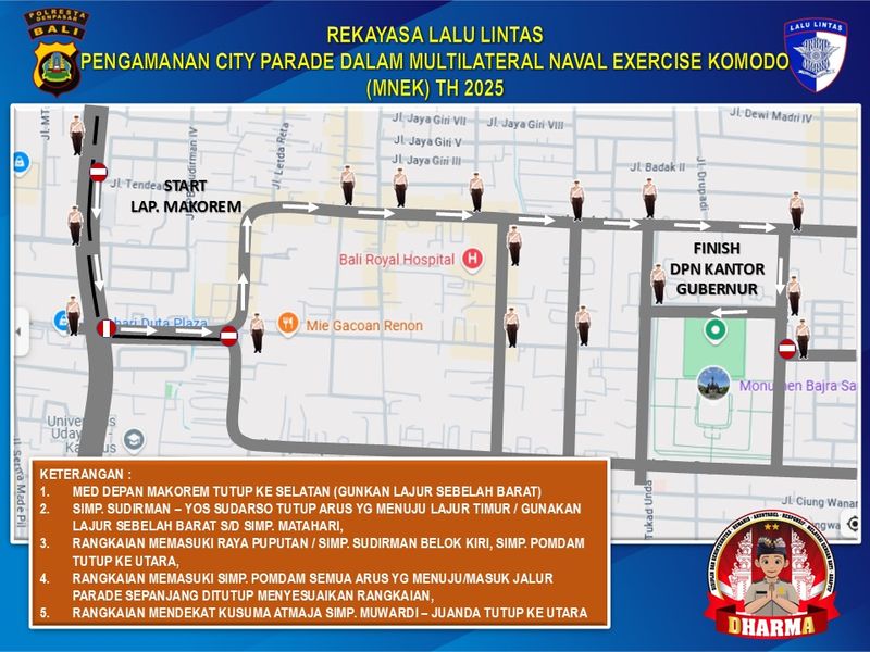 Rekayasa lalu lintas dalam rangka parade MNEK 2025 di Denpasar, Selasa (18/2/2025).