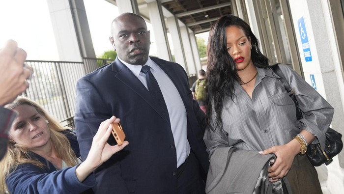 Rihanna arrives at court for the trial of A$AP Rocky, Tuesday, Feb. 18, 2025, in Los Angeles. (AP Photo/Damian Dovarganes)