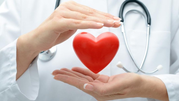 Female doctor with the stethoscope holding heart