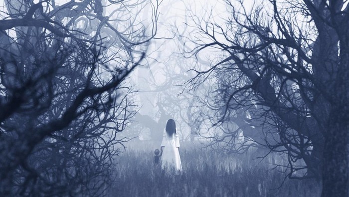 Woman in white dress with the boy walking in haunted forest,3d rendering