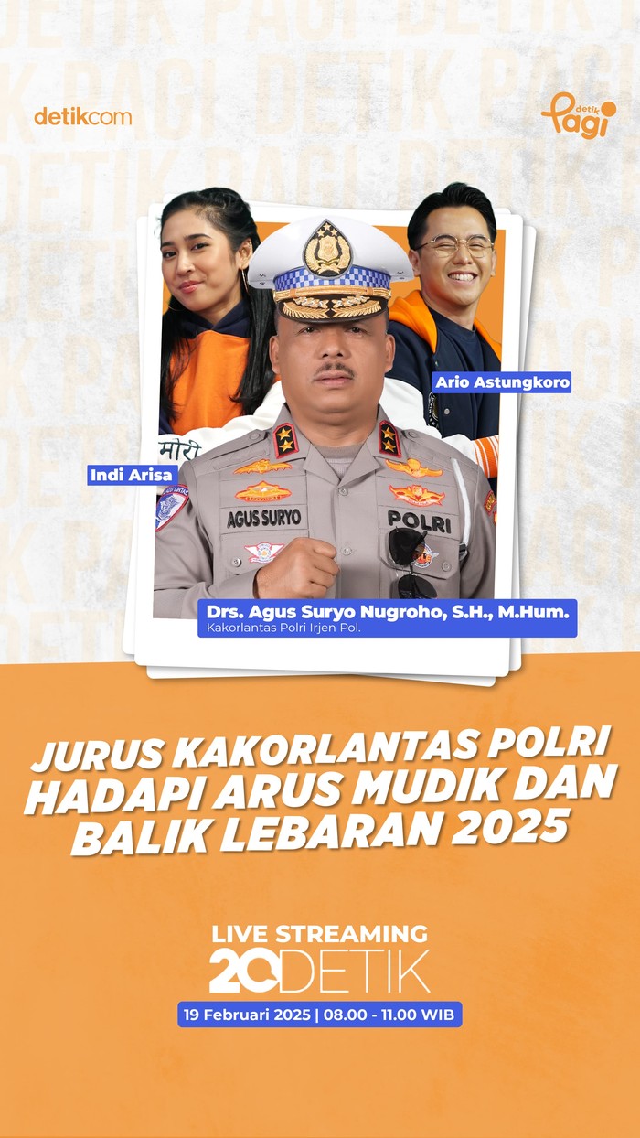 Kepala Korps Lalu Lintas (Kakorlantas) Polri Irjen Pol. Drs. Agus Suryo Nugroho, S.H., M.Hum. bakal tampil di detik Pagi, Rabu (18/2/2025). Dia bakal membahas soal Operasi Keselamatan hingga berbagai persiapan jelang Operasi Ketupat 2025.