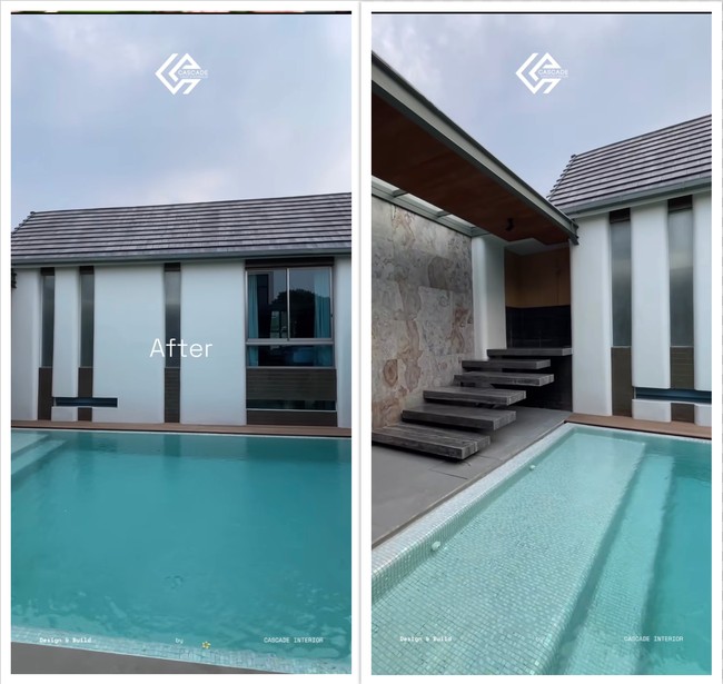 Semi outdoor, kolam renang di rumah Jessica dan Vincent tampak lega dan luas. Dengan desain minimalis dan minim peralatan, kolam renangnya itu bisa jadi tempat asik untuk bersantai. Foto: Instagram/@inijedar
