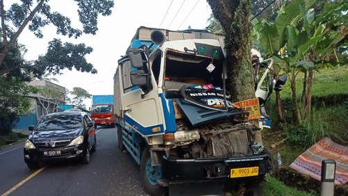Truk bermuatan bata putih ringsek setelah menabrak pohon di Jalan Denpasar-Gilimanuk, Tabanan, Rabu (19/2/2025).